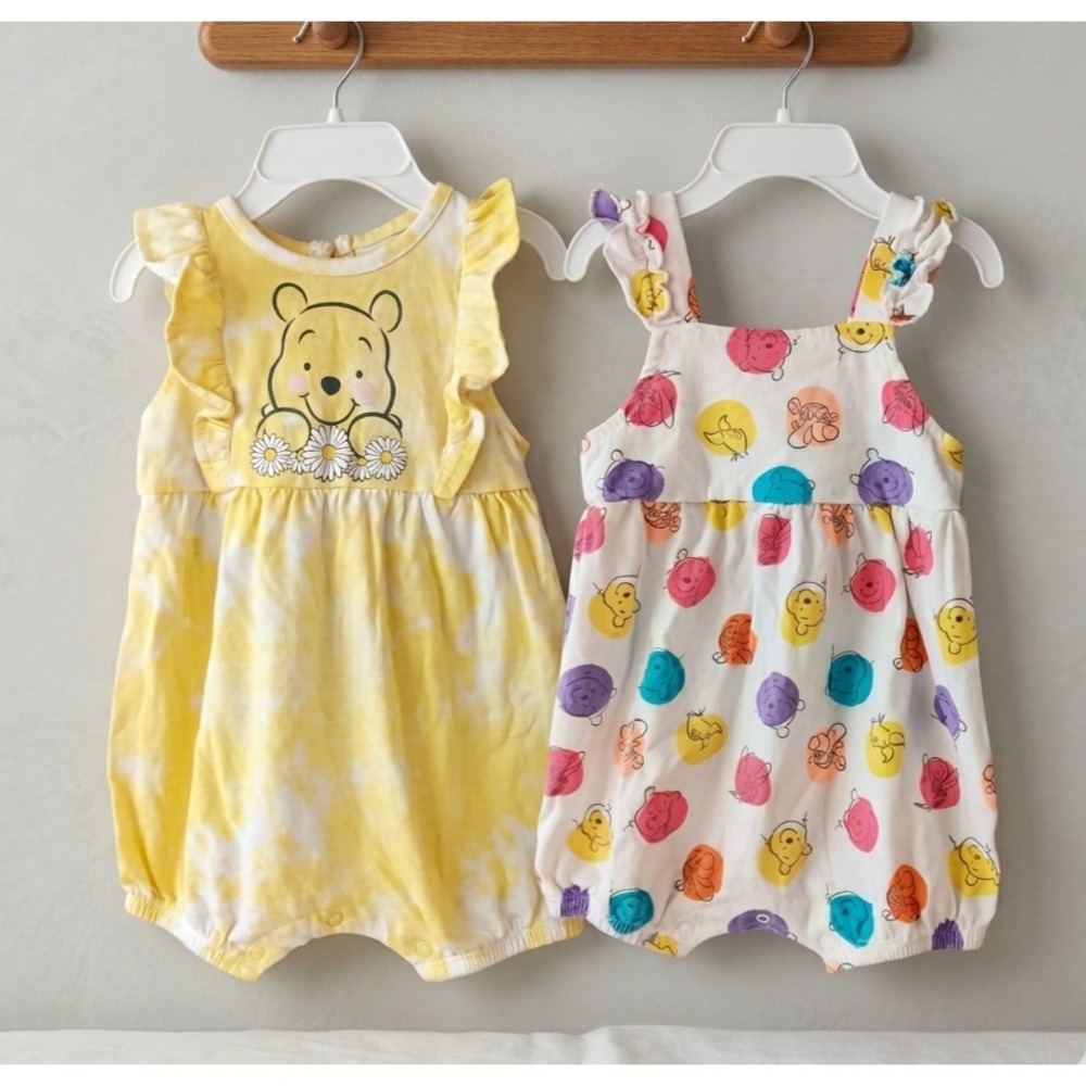 Disney Baby Winnie the Pooh Ruffle Romper Sunsuit Set Lot 18M Yellow White Daisy